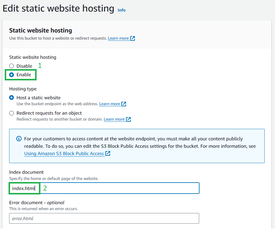 Static Website Hosting interface